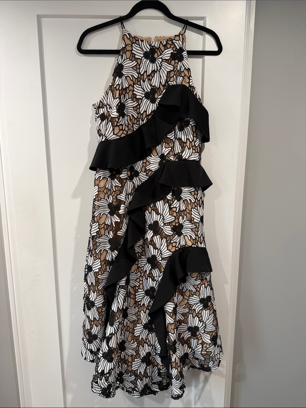 KEEPSAKE the Label Floral Halter Ruffle Dress in Black, White, Brown